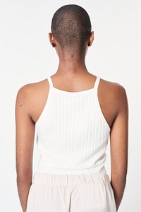 Simple white tank top psd mockup on a female model