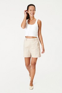 Women&#39;s tank top mockup with beige shorts