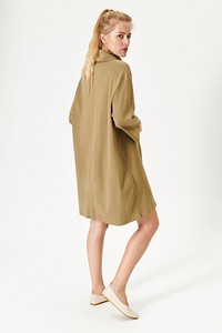 Blonde woman in a beige polo neck dress mockup