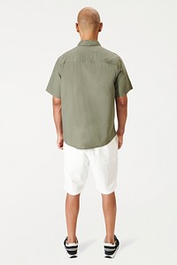 Man in a minimal sage green shirt psd mockup rear view