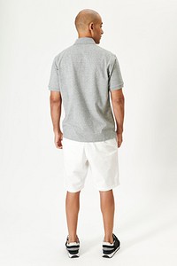 Men's gray collared shirt and white shorts rear view