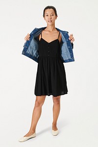 Woman in a black fitted dress and blue jeans jacket mockup