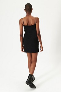Black woman in a black dress mockup rear view