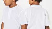 Black boy in white collar t shirt psd mockup front and back studio shot