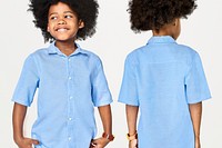 Black boy's blue shirt psd mockup in studio