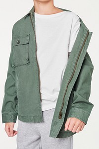 Boy's green jacket mockup psd in studio
