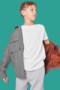 Boy's gray jacket mockup psd in studio