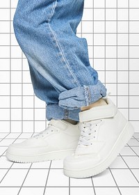 Child with jeans psd white sneakers mockup kid fashion