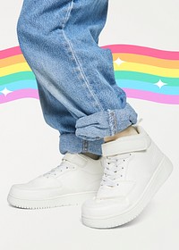 Girl with jeans psd white sneakers mockup kid fashion
