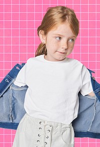 Girl wearing white t-shirt and denim jacket psd mockup