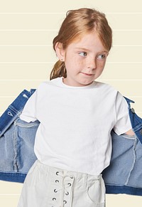 Girl wearing white t-shirt and denim jacket psd mockup