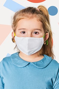 Psd little girl wearing white face mask mockup