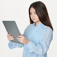 Girl using digital tablet psd mockup