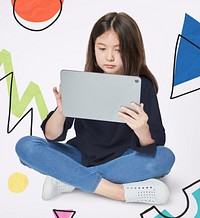 Shirt mockup on a girl using digital tablet