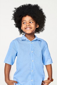 Black boy's blue shirt psd mockup in studio