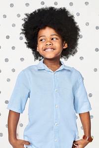 Black boy's blue shirt psd mockup in studio