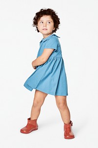 Girl wearing blue dress psd mockup in studio