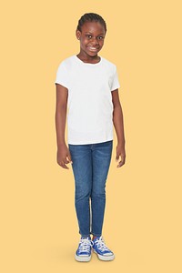 Black girl psd white t shirt mockup full body studio shot