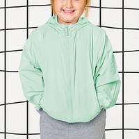 Girl's green jacket psd mockup in studio