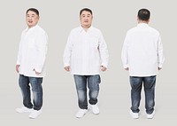 Plus size male model white shirt jeans apparel mockup psd set