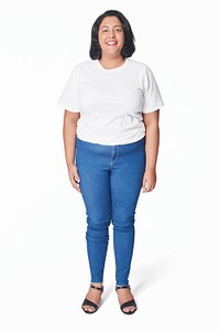 Plus size women's white tee and jeans fashion mockup psd studio shot