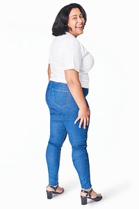 Women's white t-shirt and jeans plus size fashion mockup psd studio shot