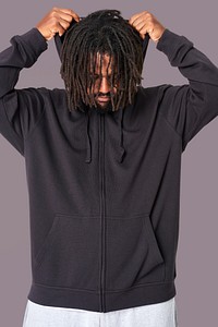 Men's gray hoodie mockup psd fashion shoot in studio