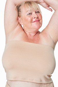 Attractive curvy woman psd brown strapless top mockup apparel studio shoot
