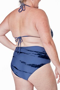 Size inclusive women&#39;s swimwear blue bikini mockup studio shot