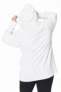 Women's white hoodie mockup fashion shoot in studio