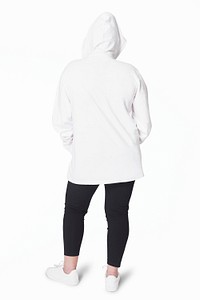 Women&#39;s white hoodie mockup psd fashion shoot in studio
