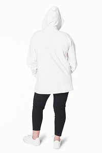 Women&#39;s white hoodie fashion shoot in studio