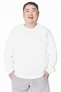 Size inclusive men’s fashion white sweatshirt psd mockup studio shot