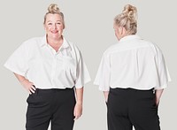 Plus size white shirt apparel psd mockup front back body positivity shoot