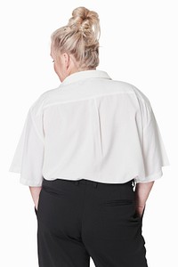 Plus size women's white shirt mockup psd fashion shoot in studio