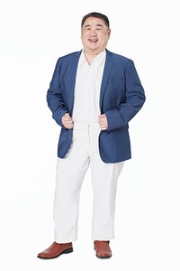 Plus size man blue suit full body mockup psd