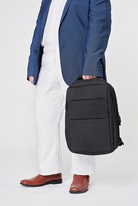 Men's blue suit plus size with backpack fashion studio shot