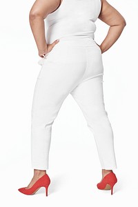 Plus size psd apparel white top and pants back facing mockup