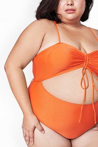 Plus size model orange swimsuit apparel mockup