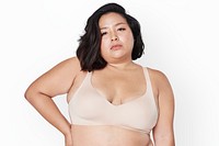 Size inclusive psd women&#39;s fashion beige bra mockup studio shot
