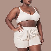Plus size beige bra and shorts apparel mockup women&#39;s fashion