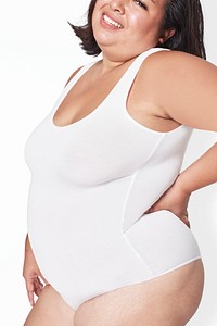 Size inclusive psd women&#39;s white swimsuit mockup studio shot