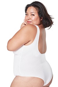 Body positivity white swimsuit mockup happy plus size model posing