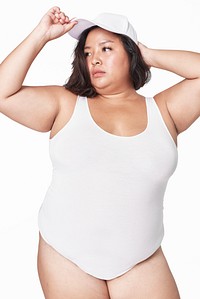 Body positivity curvy woman white swimsuit mockup model wearing cap
