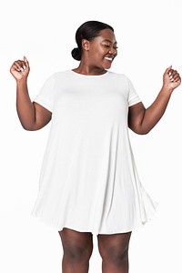 Attractive curvy woman white dress mockup apparel studio shoot