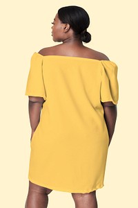 Psd woman facing backward yellow dress plus size apparel fashion mockup