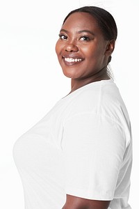 Plus size apparel white tee mockup studio shot