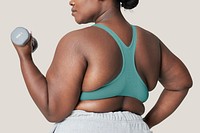 Body positivity curvy woman sportswear with dumbbell psd mockup studio shot