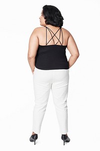 Plus size  black tank top and white pants full body women's fashion