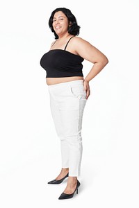 Plus size black tank top and white pants psd full body women&#39;s fashion